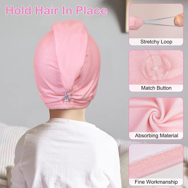 Basumee Microfiber Hair Towel Wrap for Kids 2 Pack Rapid Drying Hair Towel with Button Hair Turbans for Wet Hair Wraps Head Towel Wrap for Women and Girls - Image 3